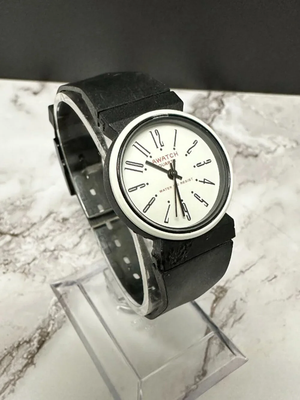 3/$30 AWATCH Womens Watch White Dial 24MM  Black Resin Band New Battery 8.5